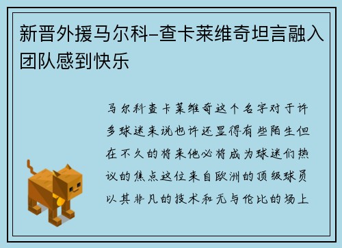 新晋外援马尔科-查卡莱维奇坦言融入团队感到快乐